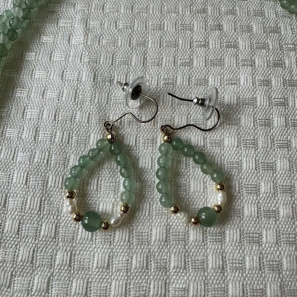 VTG Necklace 22" Match Earring Set Green Jade Twisted Pearl Gold Plate Beads - Picture 3 of 10